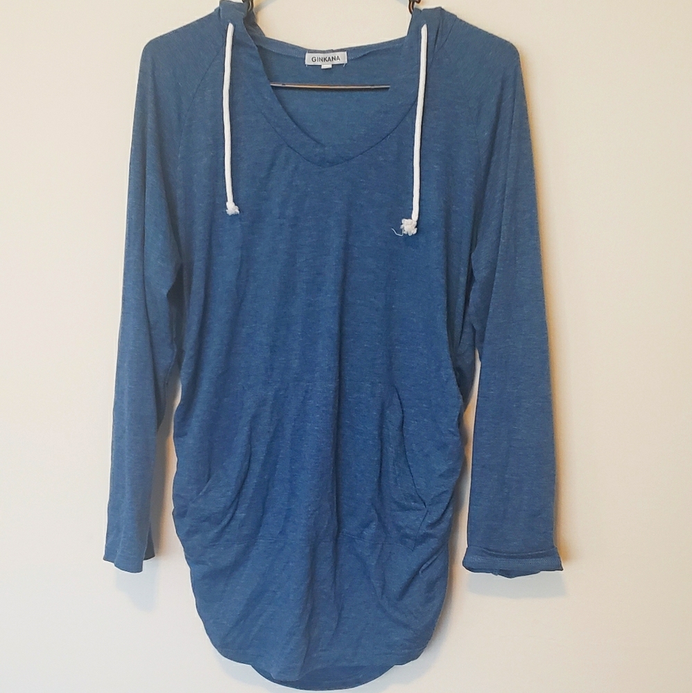 Blue 3/4 sleeve hooded maternity shirt, Large